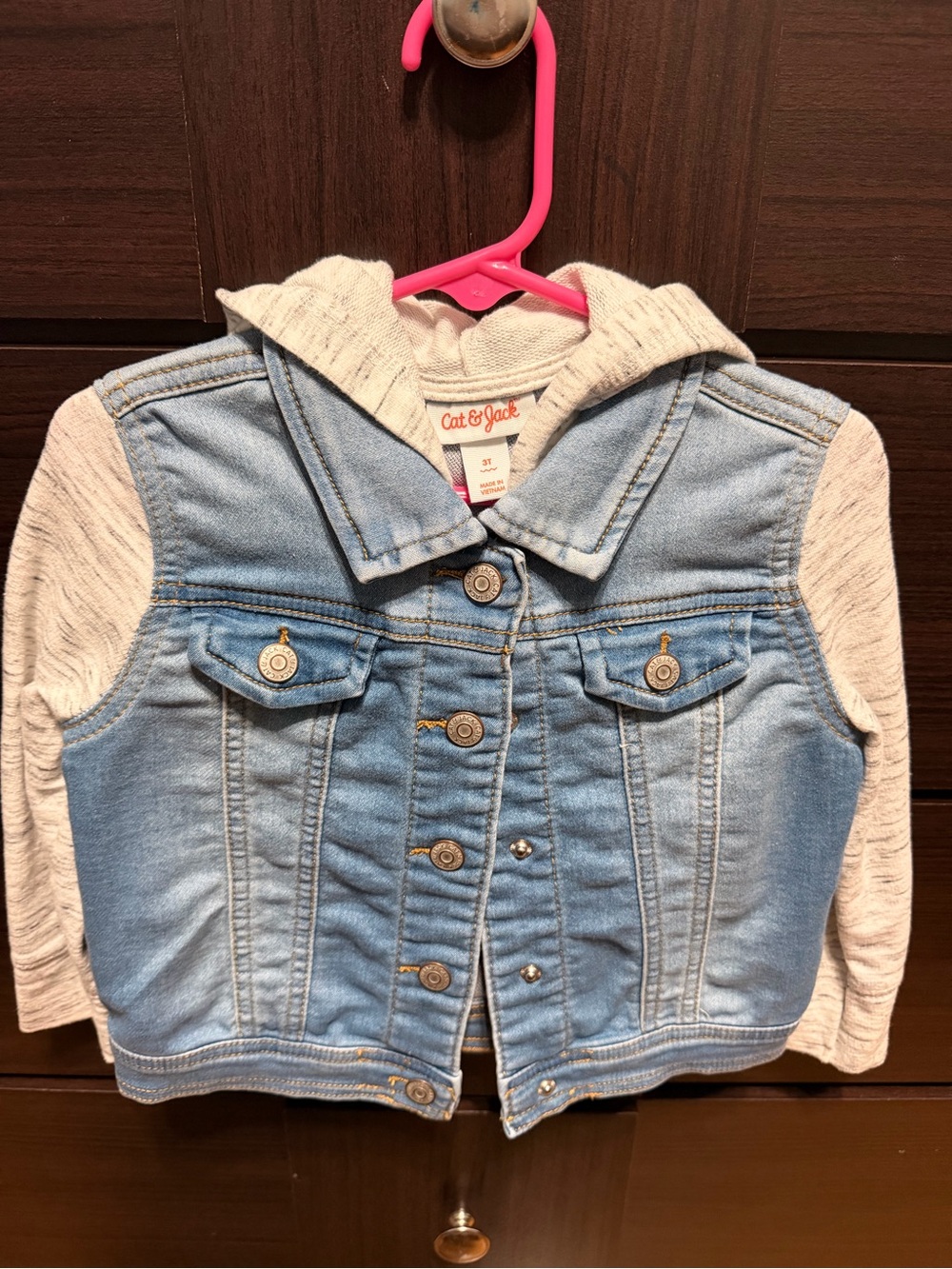 Cat & Jack Light Blue Denim Jacket with Heather Gray Hoodie Sleeves